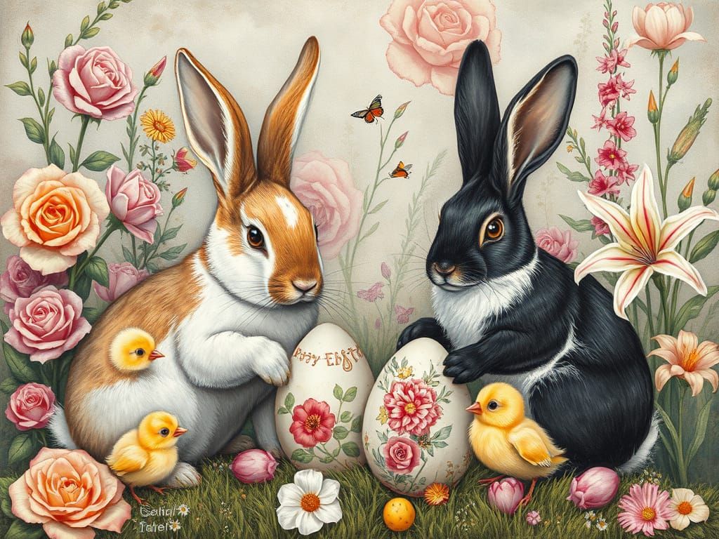 Bunnies and Chicks Painting Easter Eggs: Charcoal Drawing