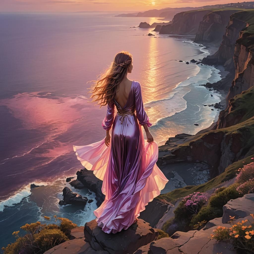 Elegant Woman Overlooking Iridescent Sunset Ocean