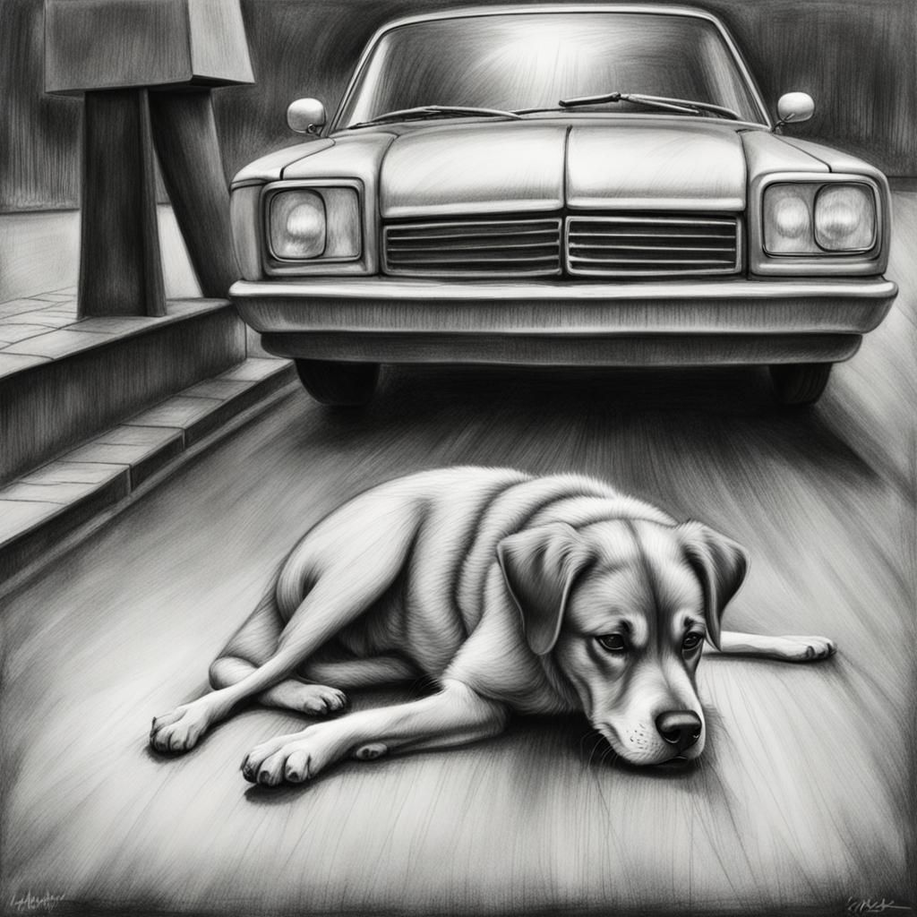 Sad Charcoal Drawing: Dog Hit by Car