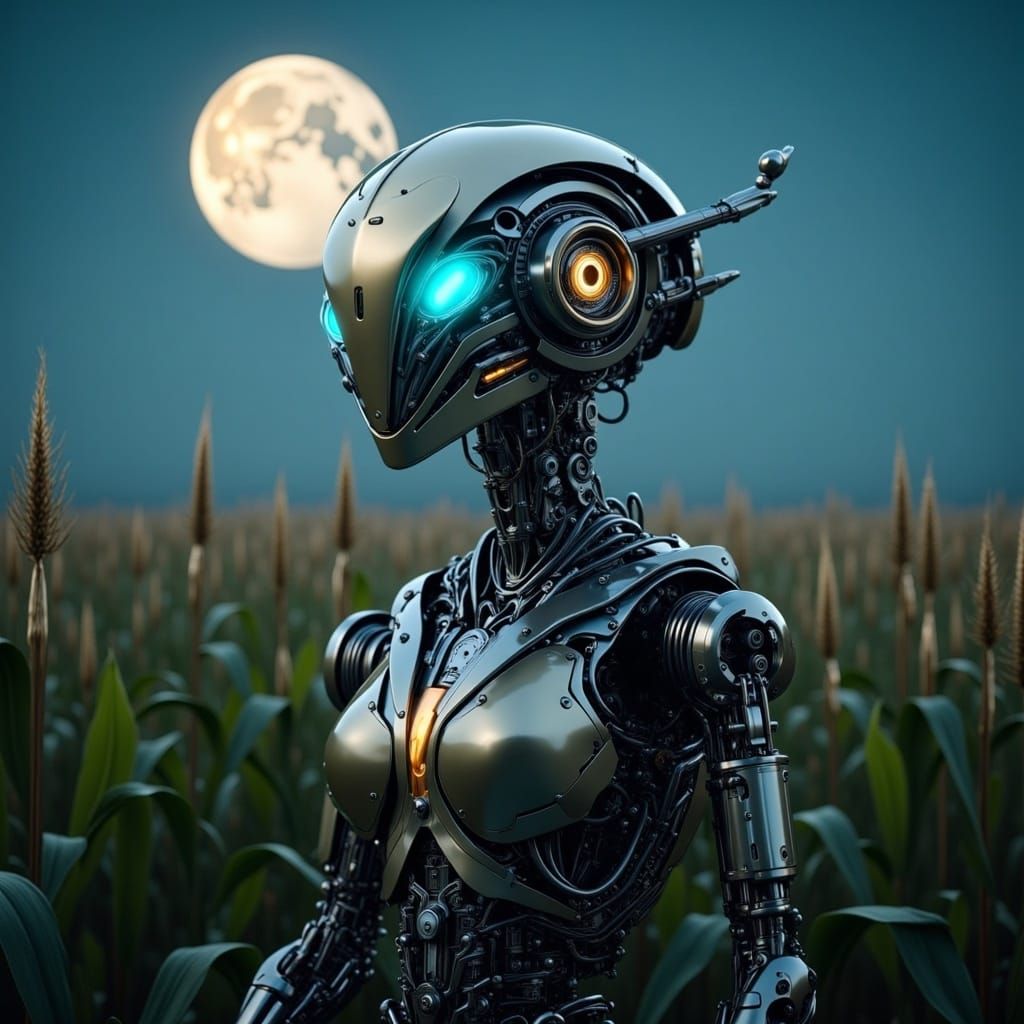 Robot in Cornfield with Moon, in Digital Art Style