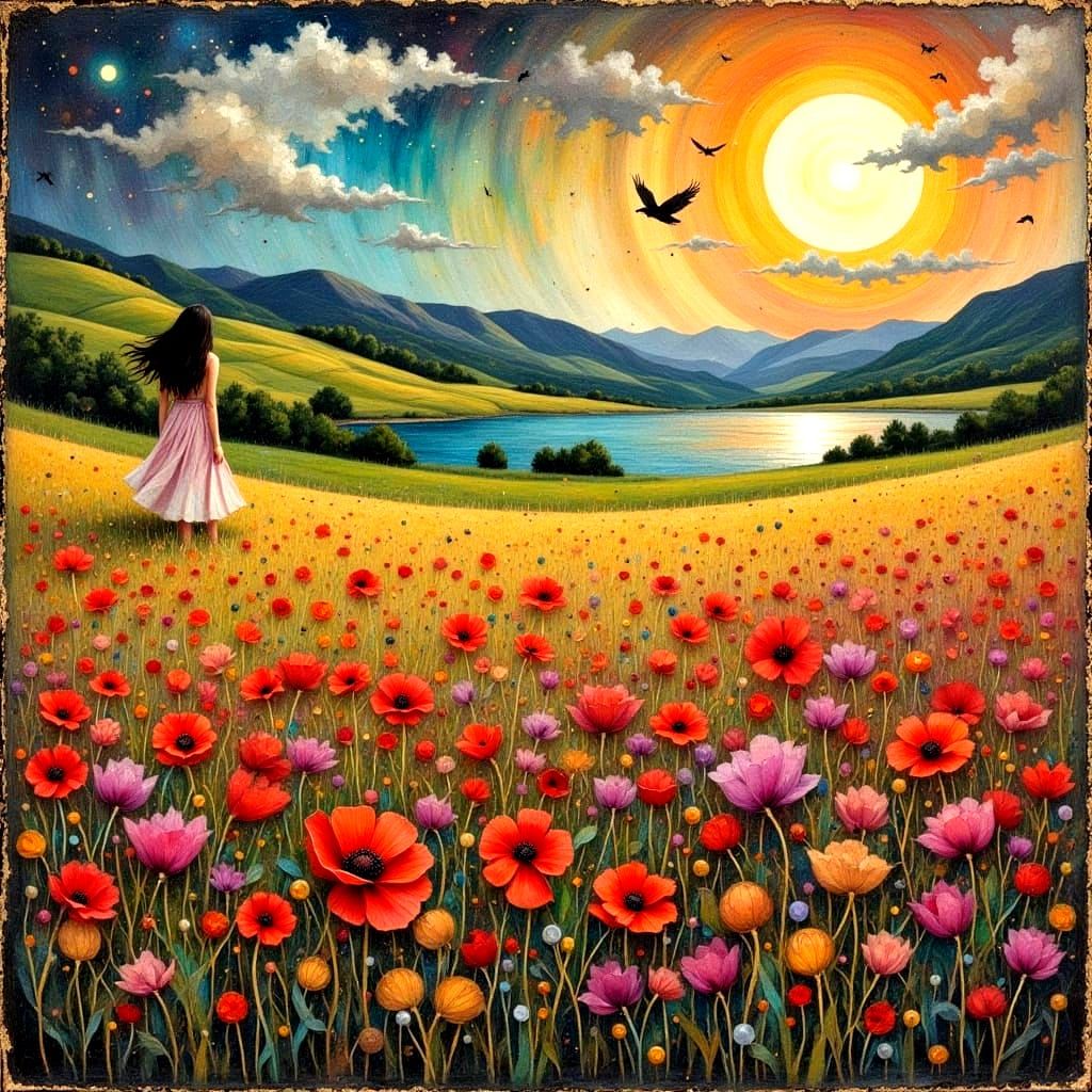 Enchanting Landscape Painting of a Woman Amidst Poppies