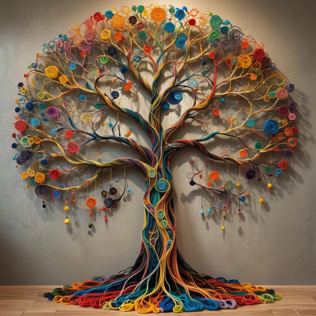 Colorful String Tree of Life in Surreal Room