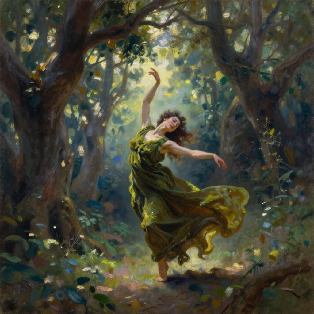 Ethereal Dancer in Moss Silks Amidst Ancient Trees