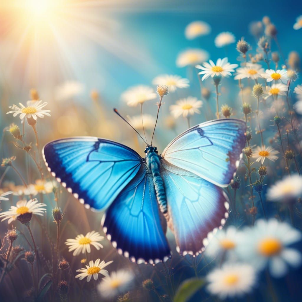 Blue Butterfly in Sunlit Flower Field