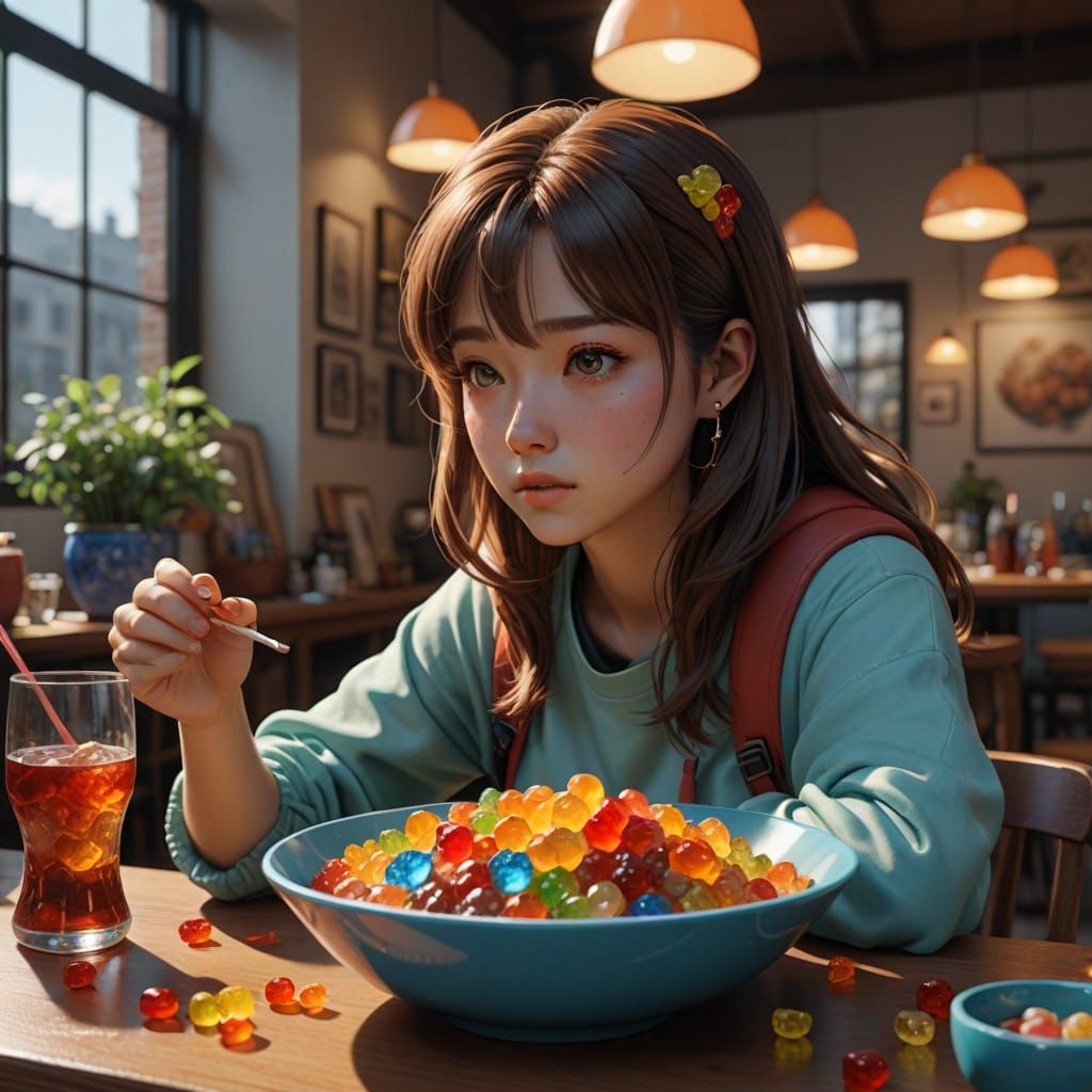 Anime Girl Eating Gummy Bears with Coke Lines