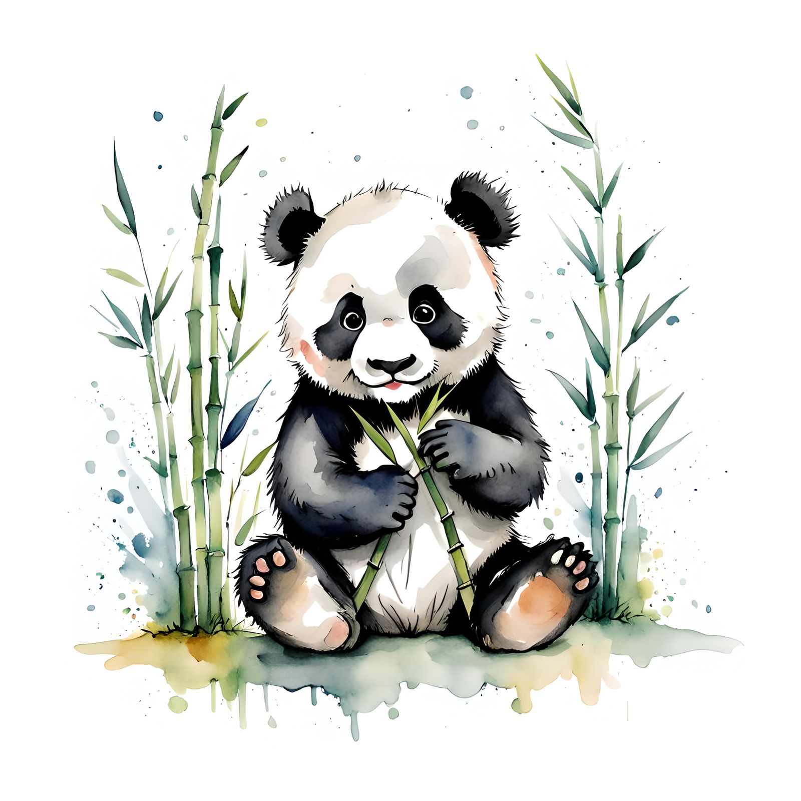 Chibi Panda Watercolor Illustration with Bamboo