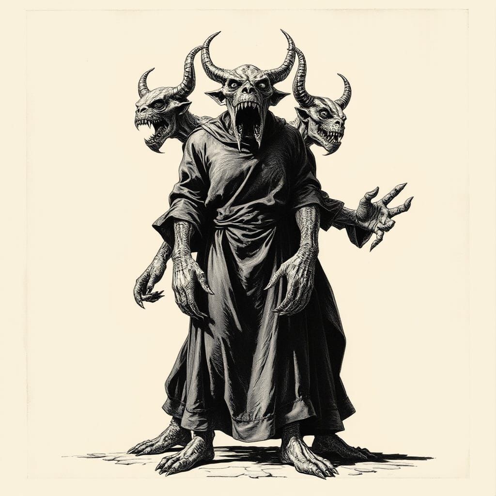 Three-Headed Innsmouth Abomination in Crosshatch Etching Sty...