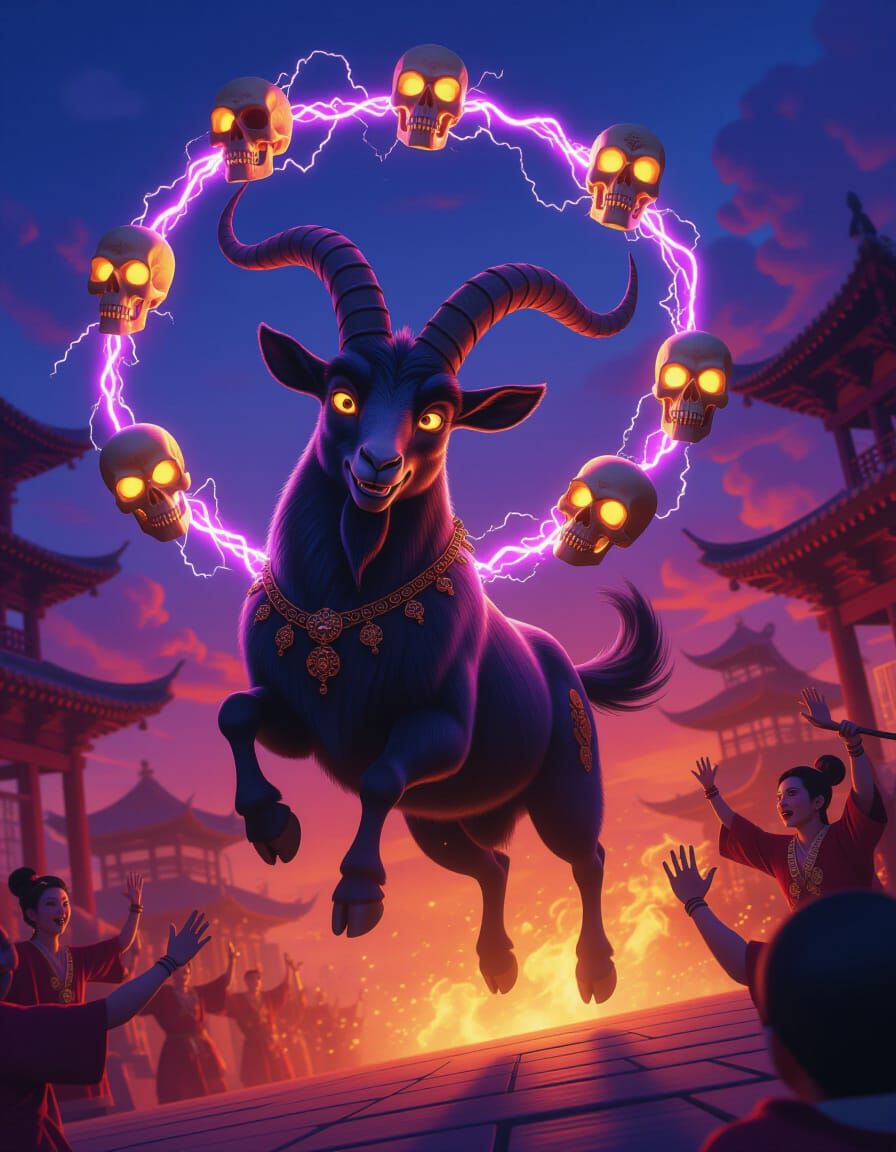 Buddhist Goat Juggles Skulls in Dark Fantasy Style