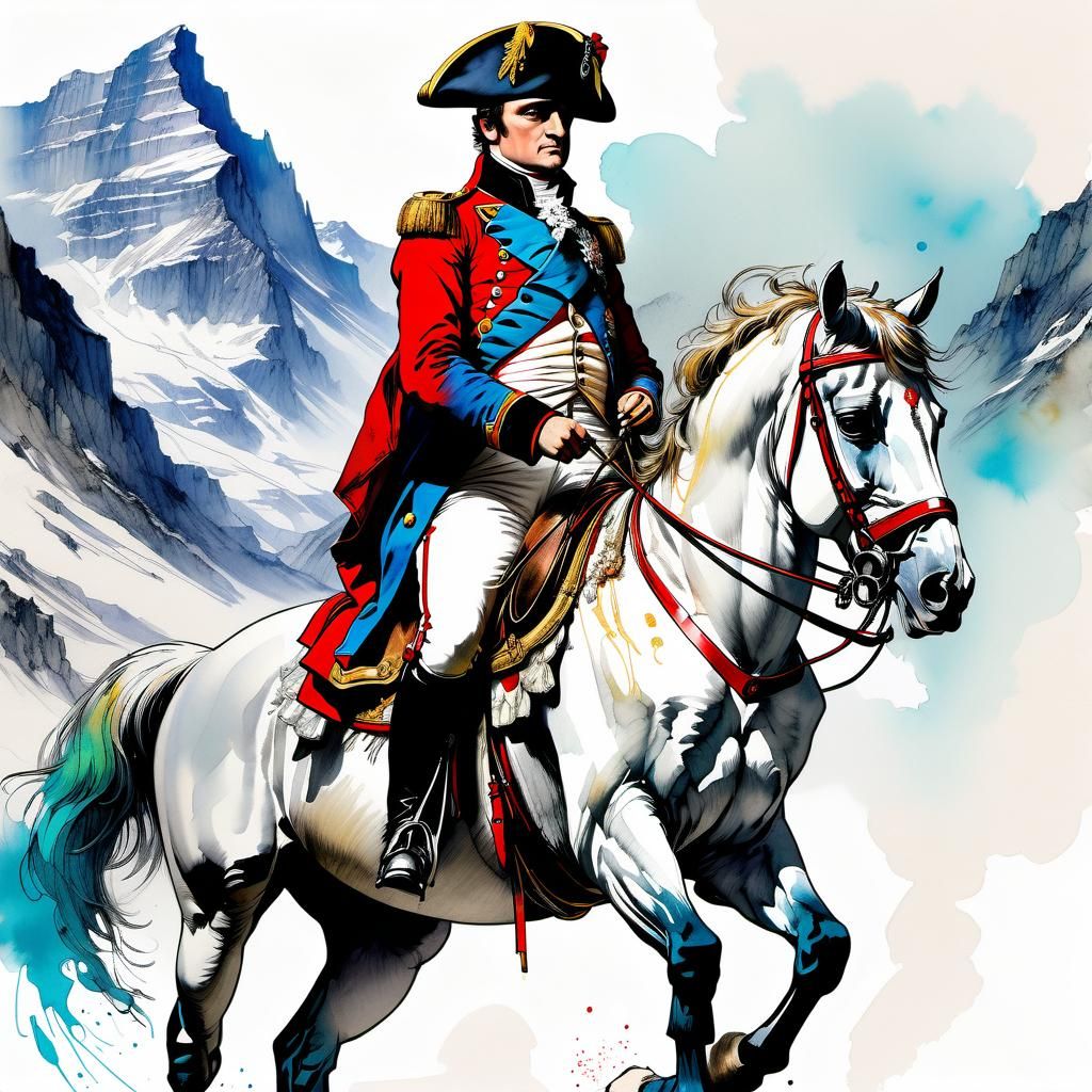 Napoleon Crossing Alps: Modern Rococo Watercolour