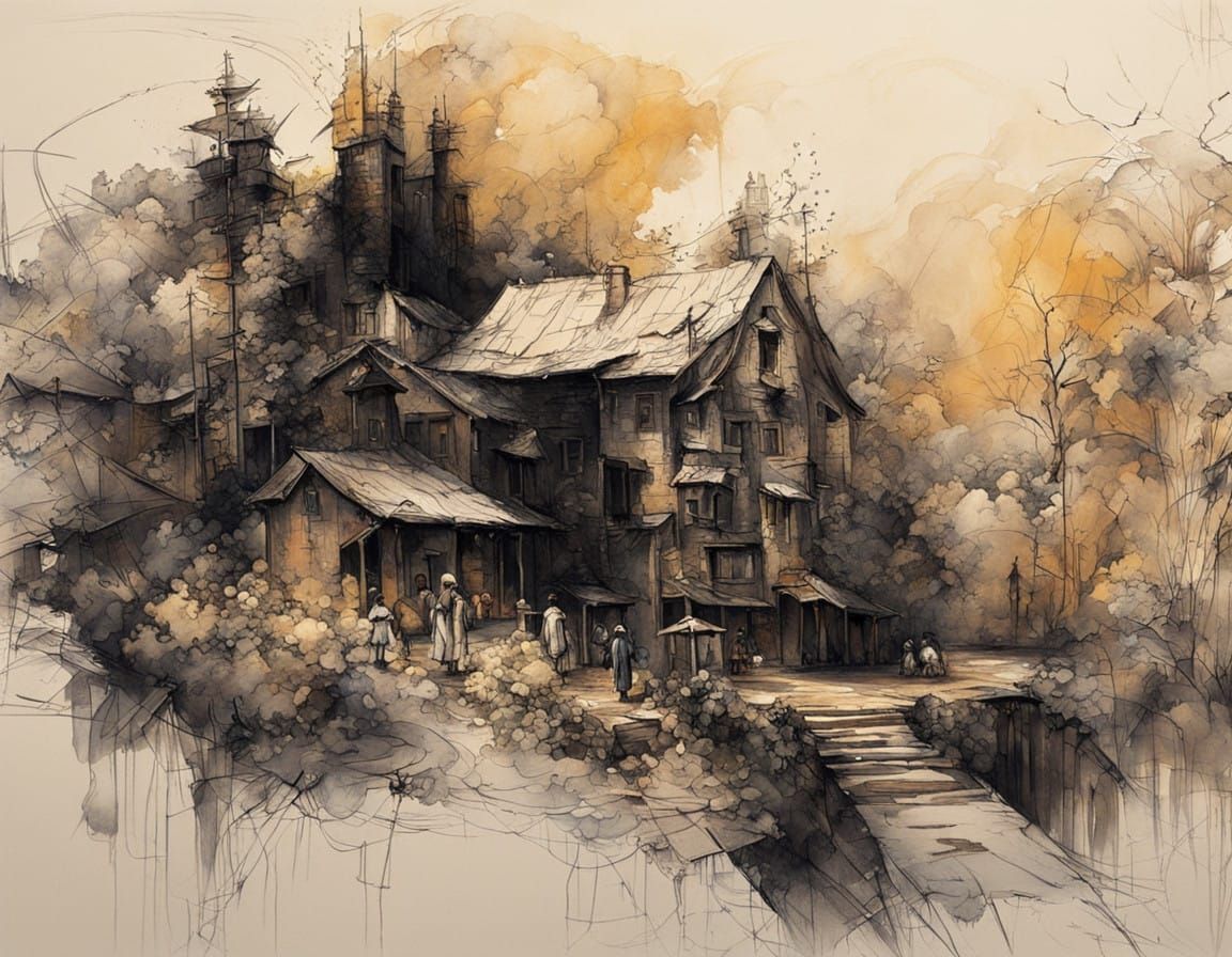 Moody 19th-Century Ink Sketch with Vibrant Cross-Hatching an...