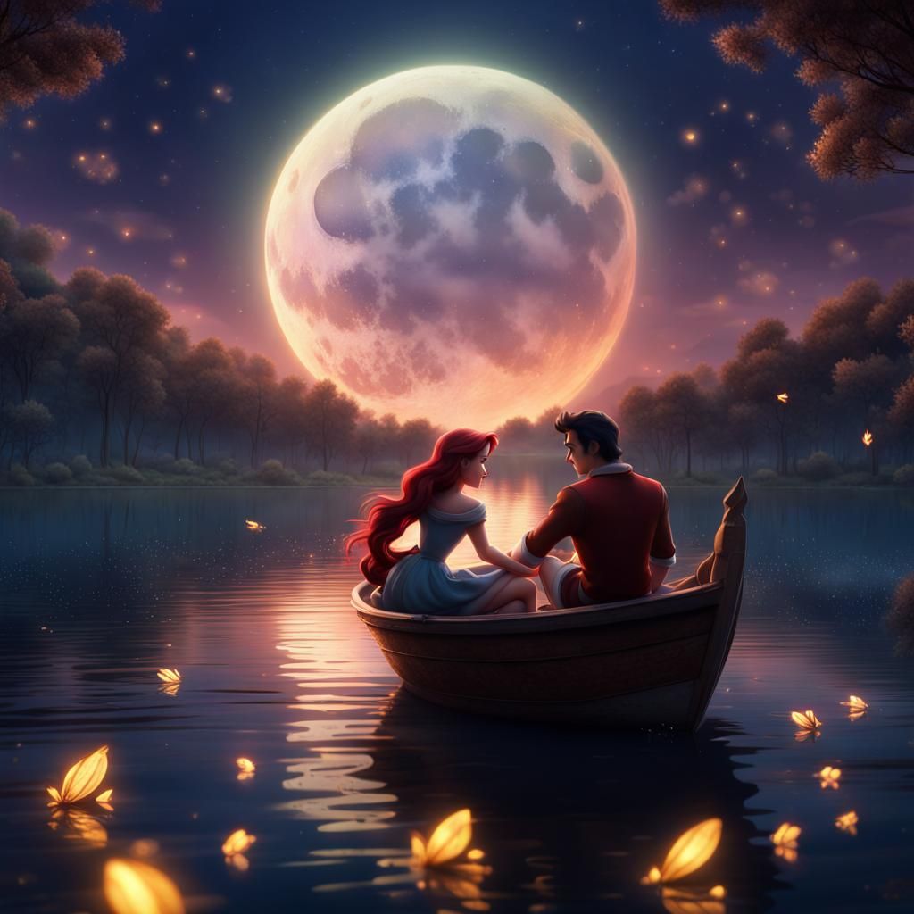 Ariel and Eric in Moonlit Lake Fantasy Art