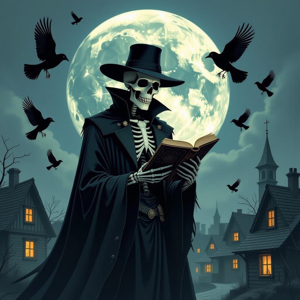 Gothic Skeleton with Ancient Book and Moonlit Village