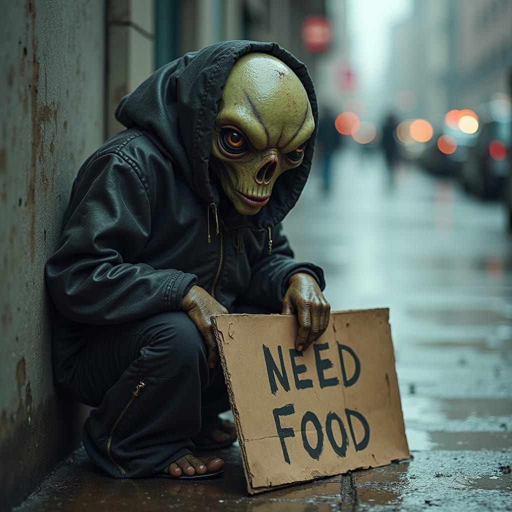 Alien Beggar on City Street in Documentary Style