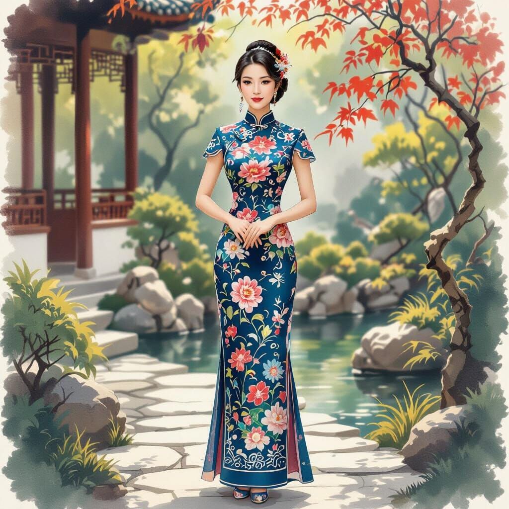Elegant Chinese Woman in Garden, Traditional Painting Style