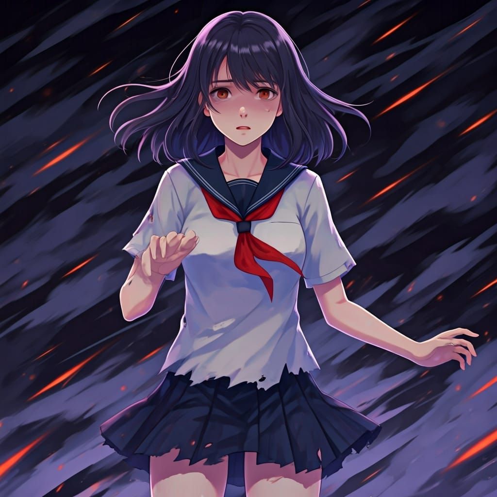 Distressed Anime Girl Surrounded by Storm Clouds