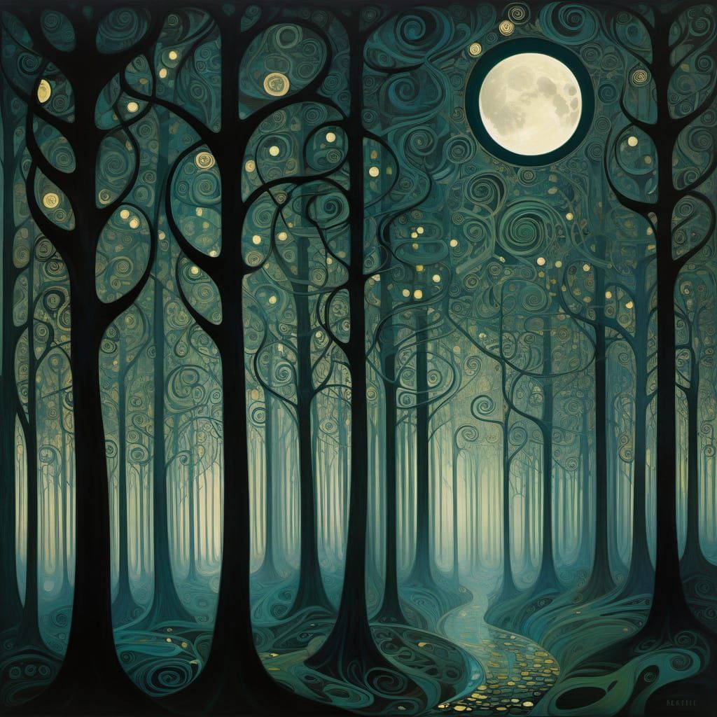 Mystical Moonlit Forest in Symbolist Style