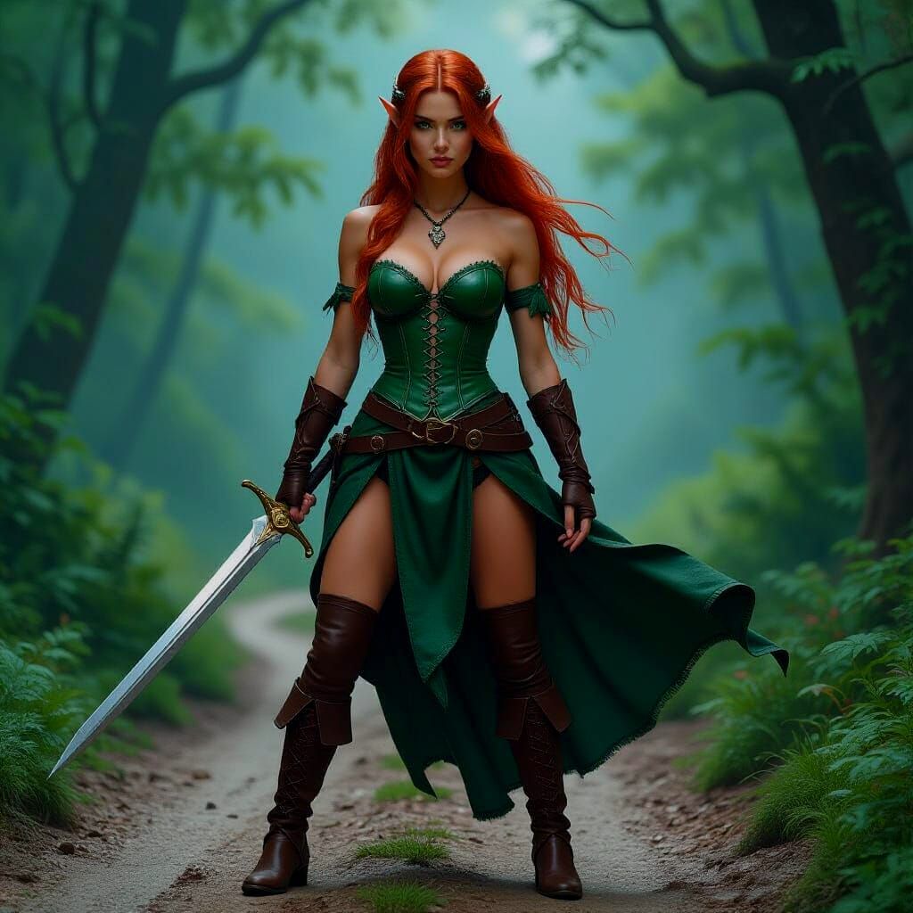Elven Warrior in Enchanted Forest, Fantasy Art