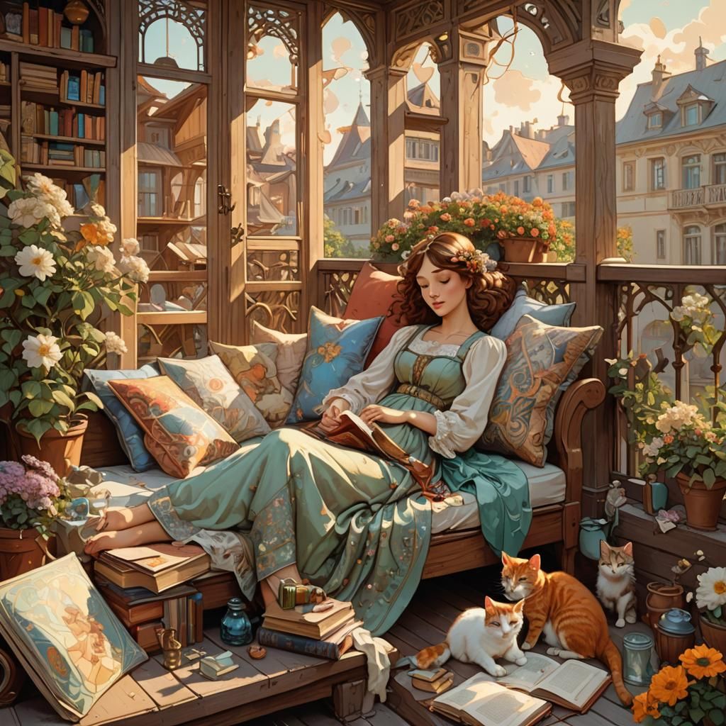 Girl on Balcony in Mucha Art Nouveau Style