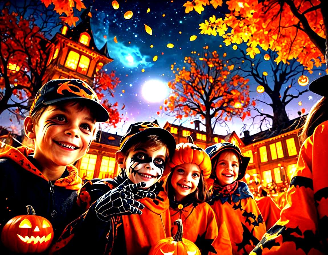 Children in Halloween Costumes: Detailed Digital Painting