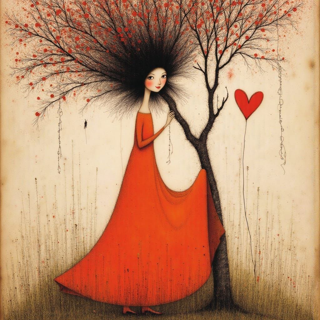 Lady Under Willow: Beige, Red, and Watercolor Art