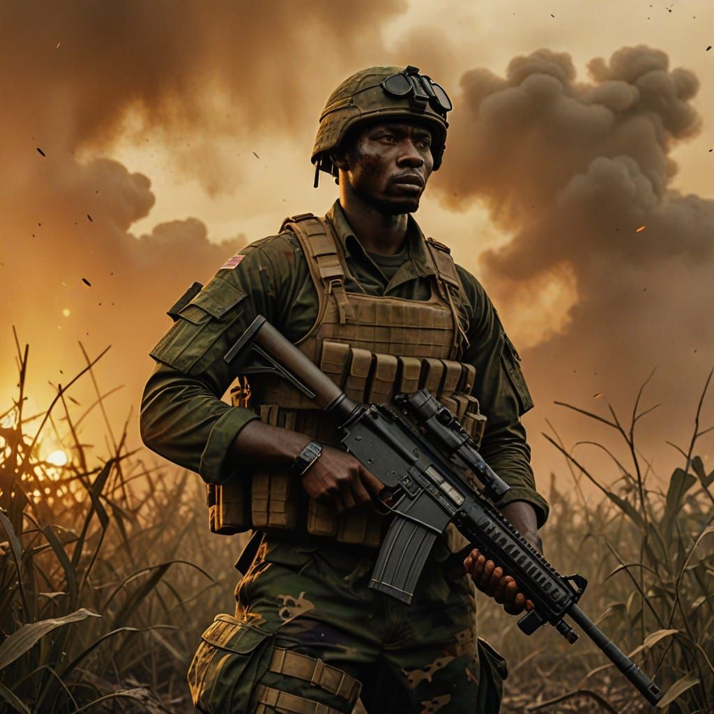 Nigerian Soldier Stands Strong in Battlefield Sunset