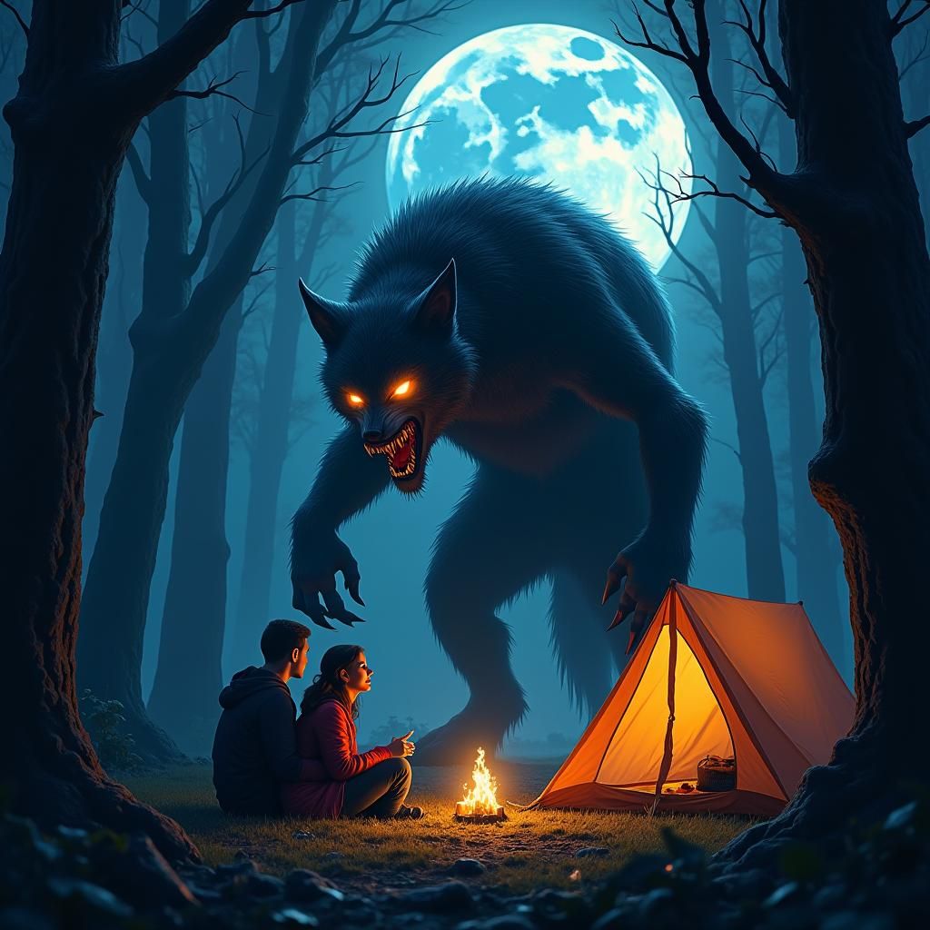 Menacing Werewolf Watching Campers in Dark Fantasy Style