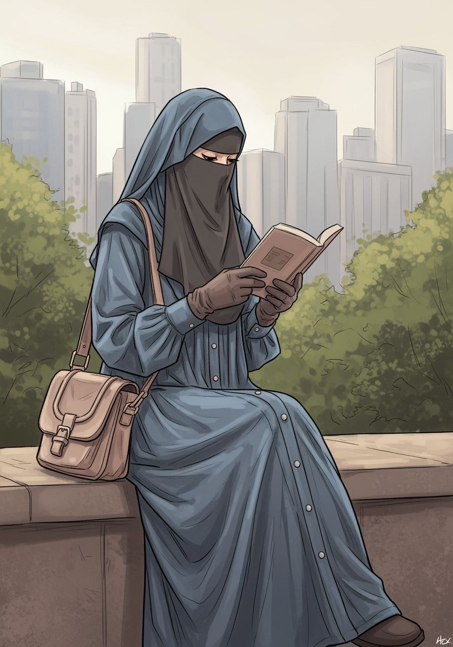 Niqabi Woman Reading in Botanic Garden as Digital Painting