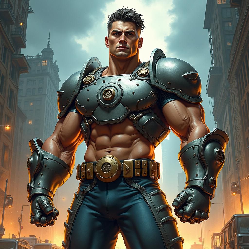 Armored Hero Amidst Stormy Cityscape