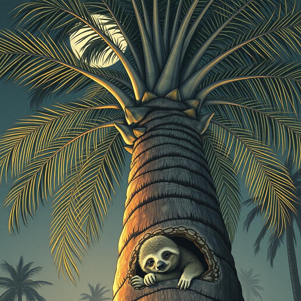 Moonlit Palm with Sloth: A Digital Art Nouveau Painting