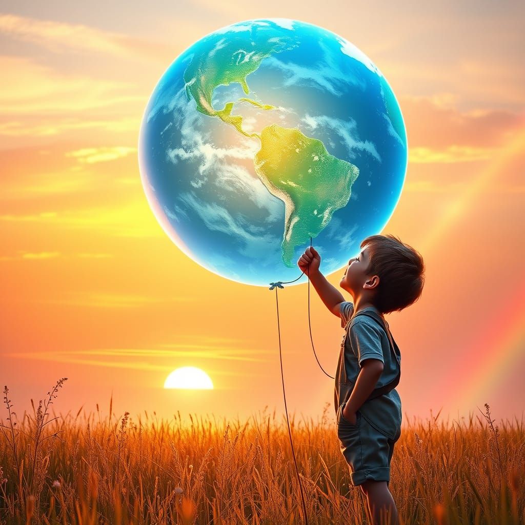 Boy with Earth Balloon in Golden Meadow