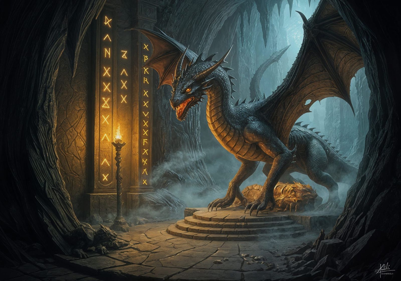 Dragon Guarding Treasure in a Fantasy Cavern
