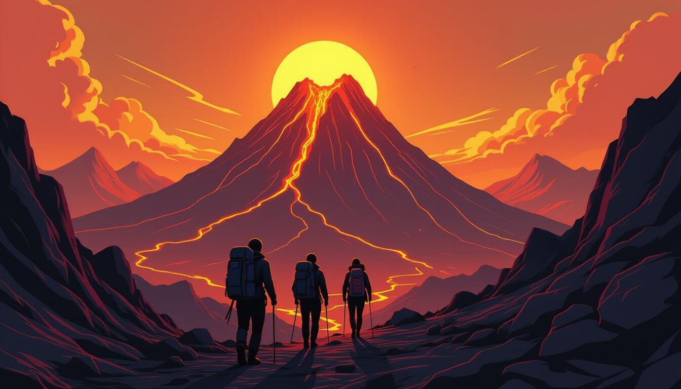 Mountain Climbers Ascend Mount Doom in Shell Shading Style