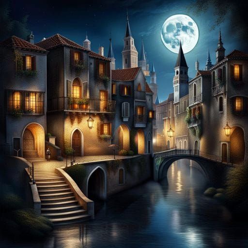 Venetian Fairytale Village Illustration in Gothic Baroque St...
