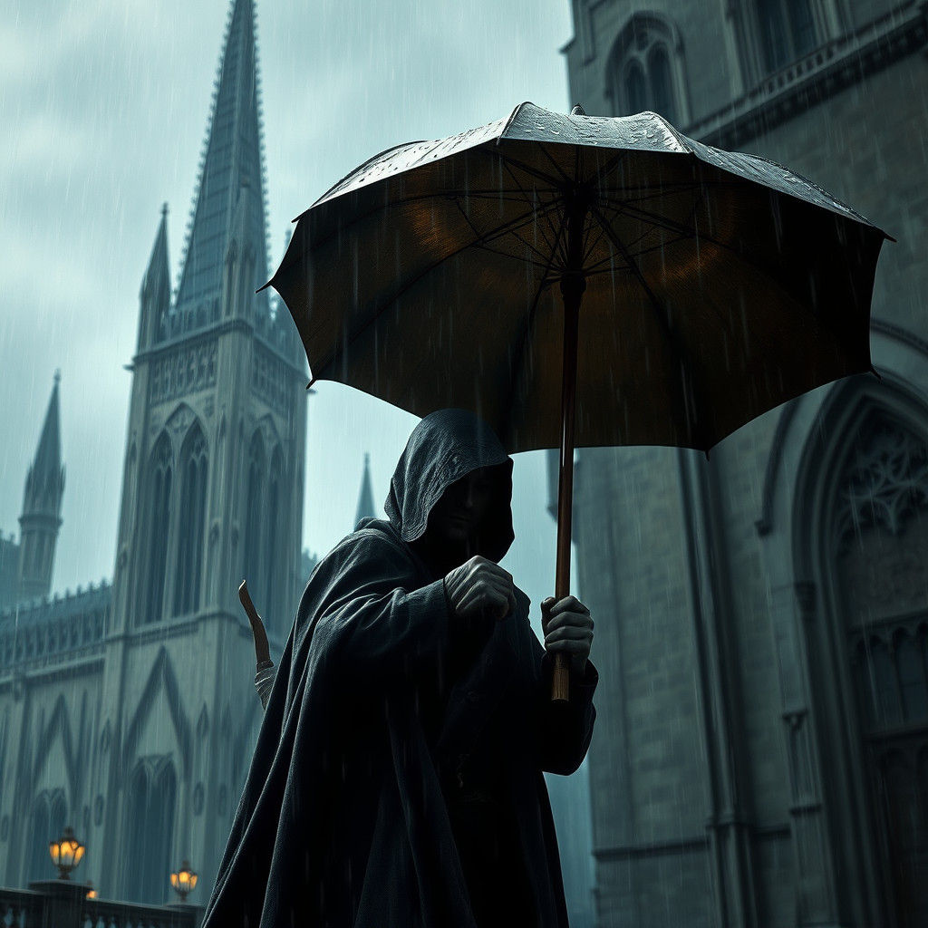 Mysterious Man in Rain Showers: Gothic Cityscape