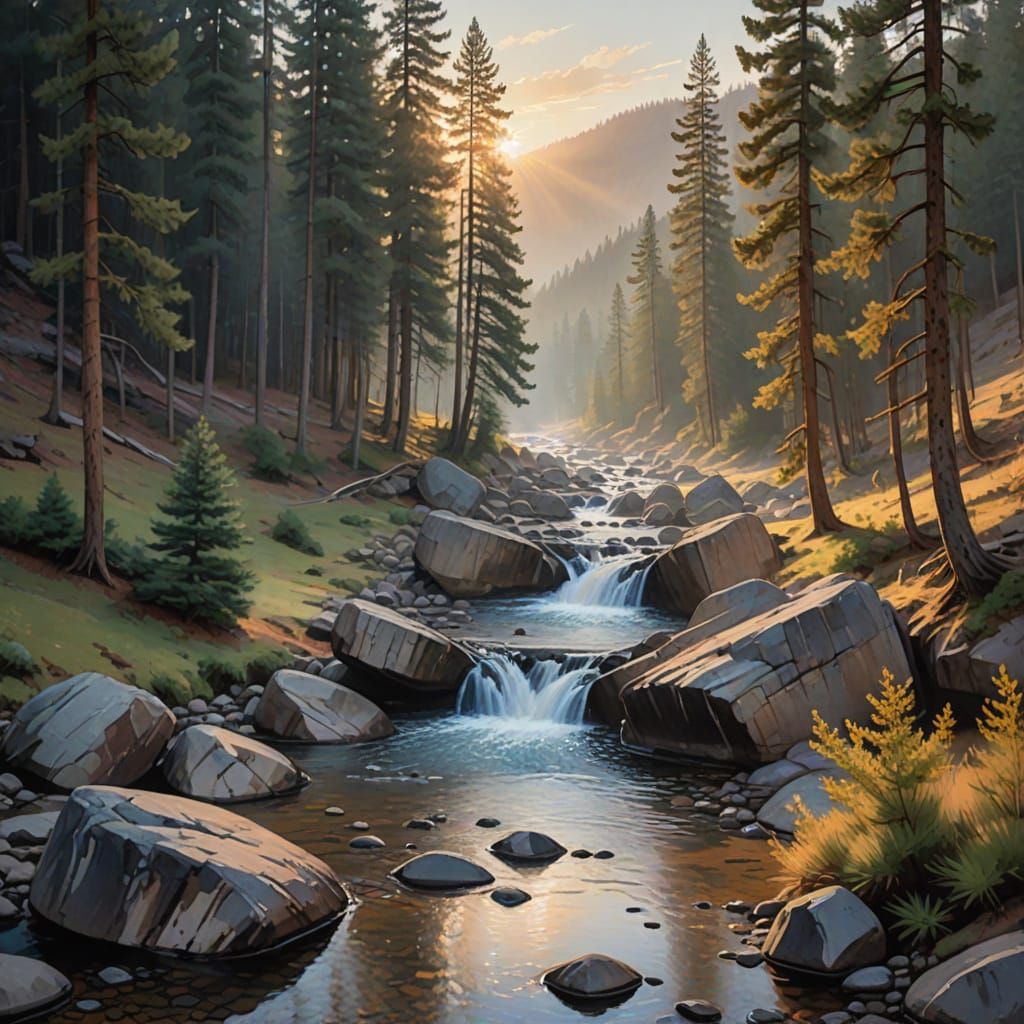 Misty Valley Sunrise Over Pine Forest Stream