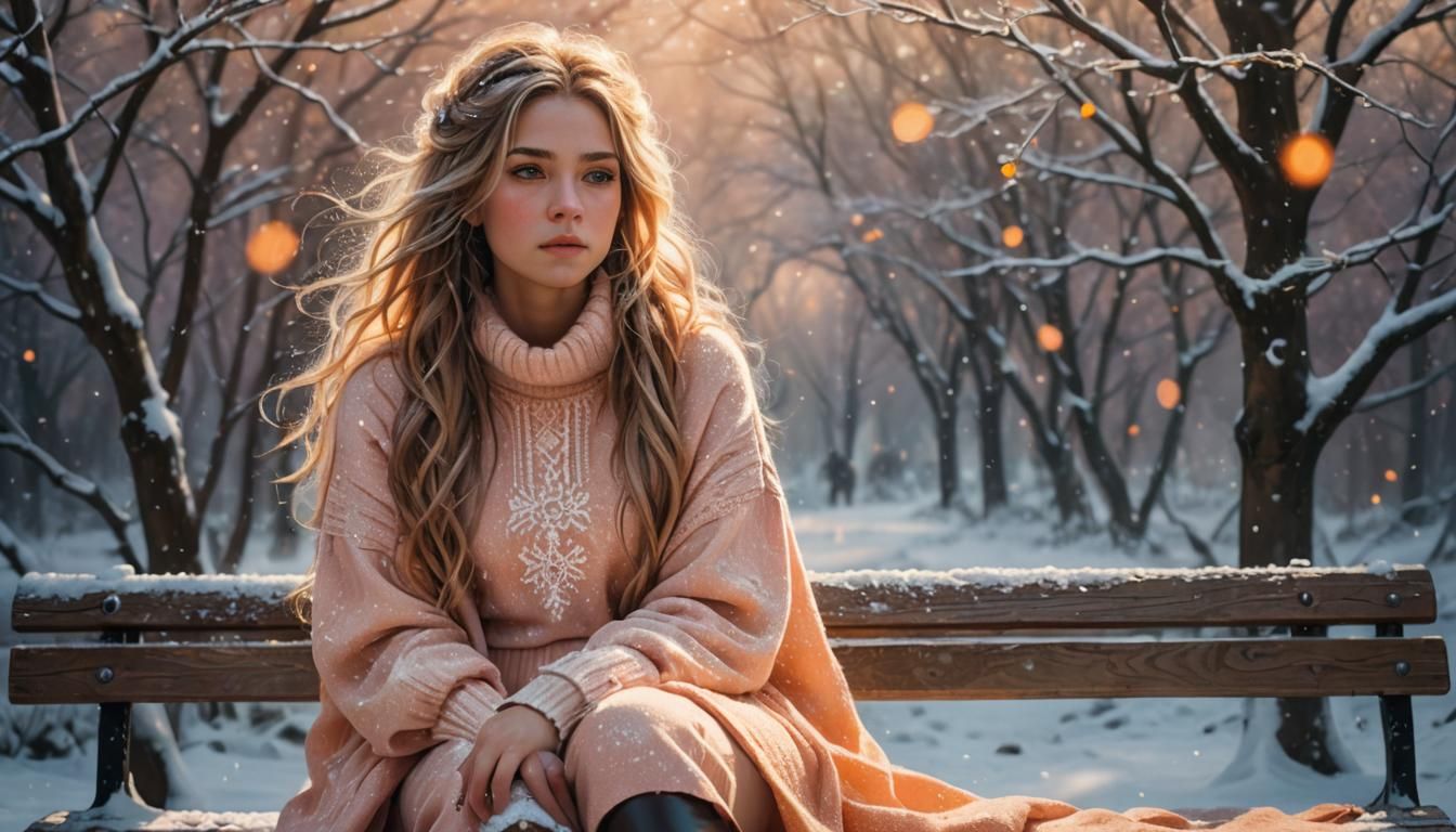 Dreamy Portrait of Woman in Winter Landscape