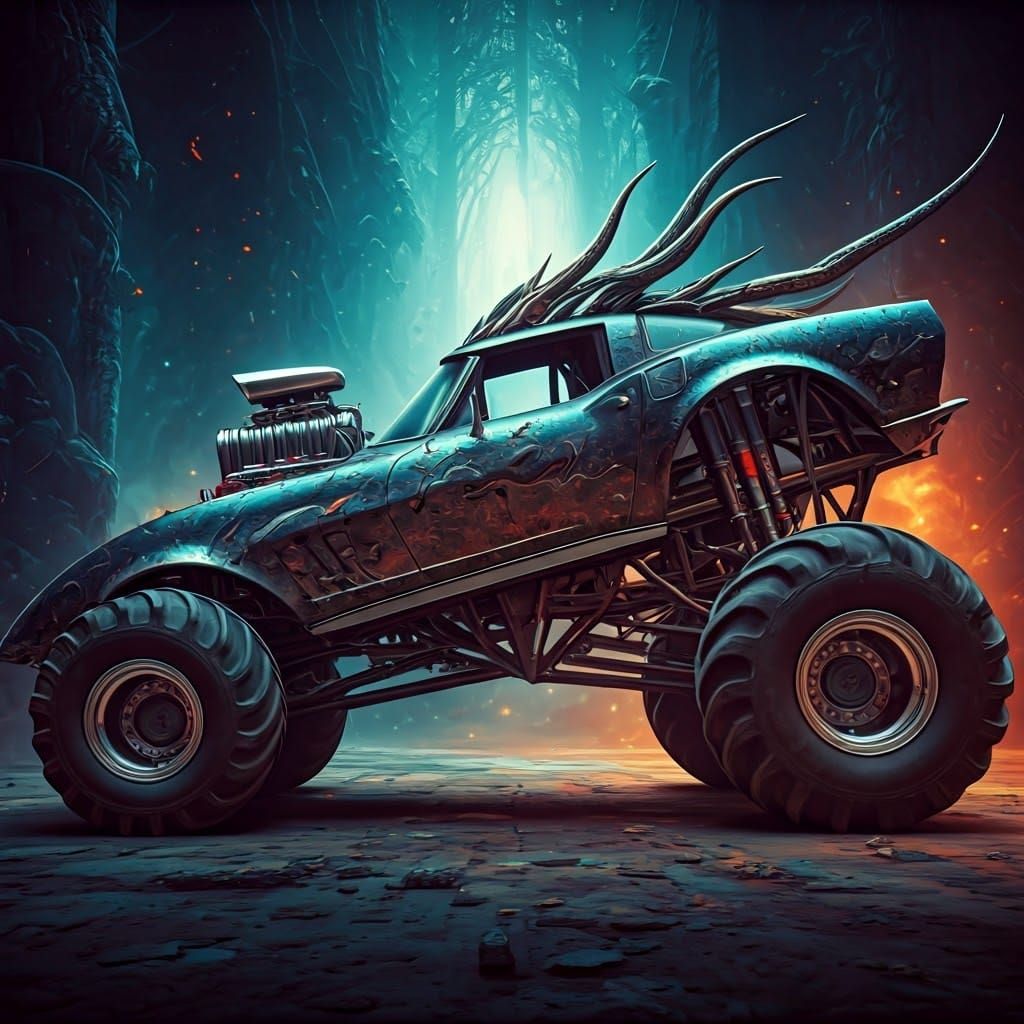 Cyberpunk Corvette Monster Truck in Gritty, Ethereal Landsca...