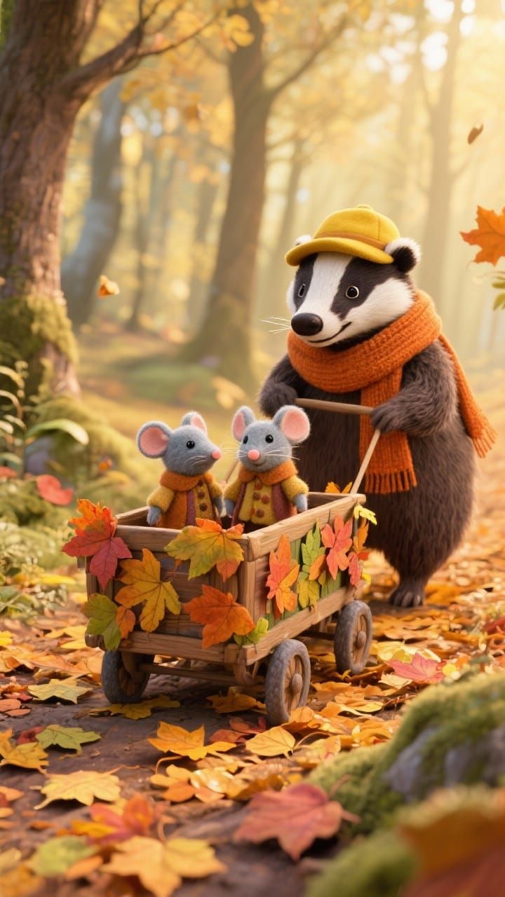 Autumn Badger Pulling Cart of Mice: Potteresque
