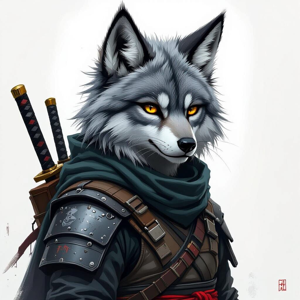 Mystical Cat-Wolf Ninja in Digital Painting Style