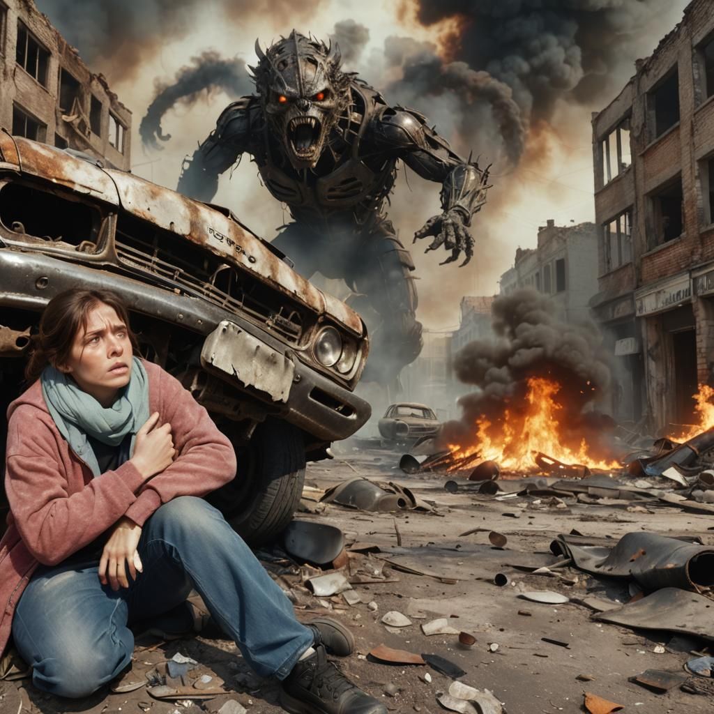 Terrified Woman in Decaying City with Mystery Creatures