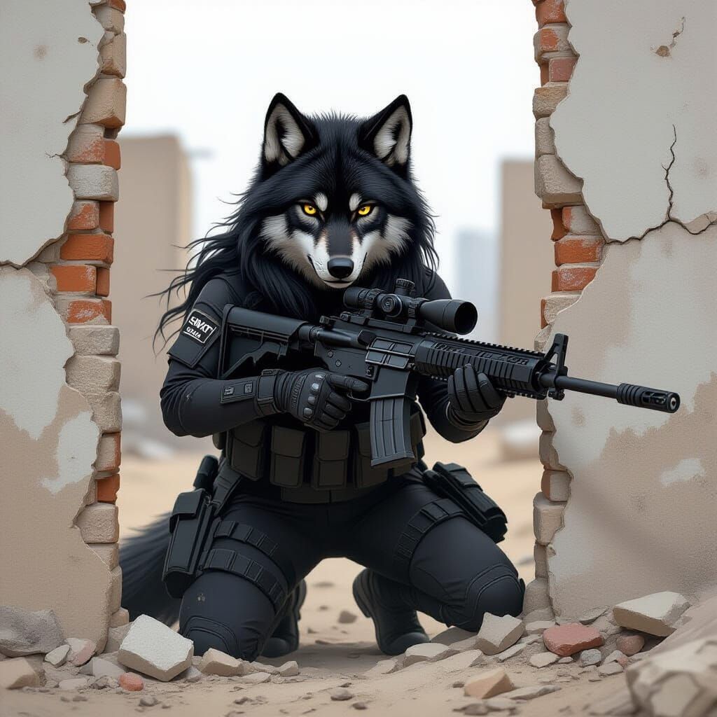Female Wolf SWAT Officer Takes Cover with Sniper Rifle