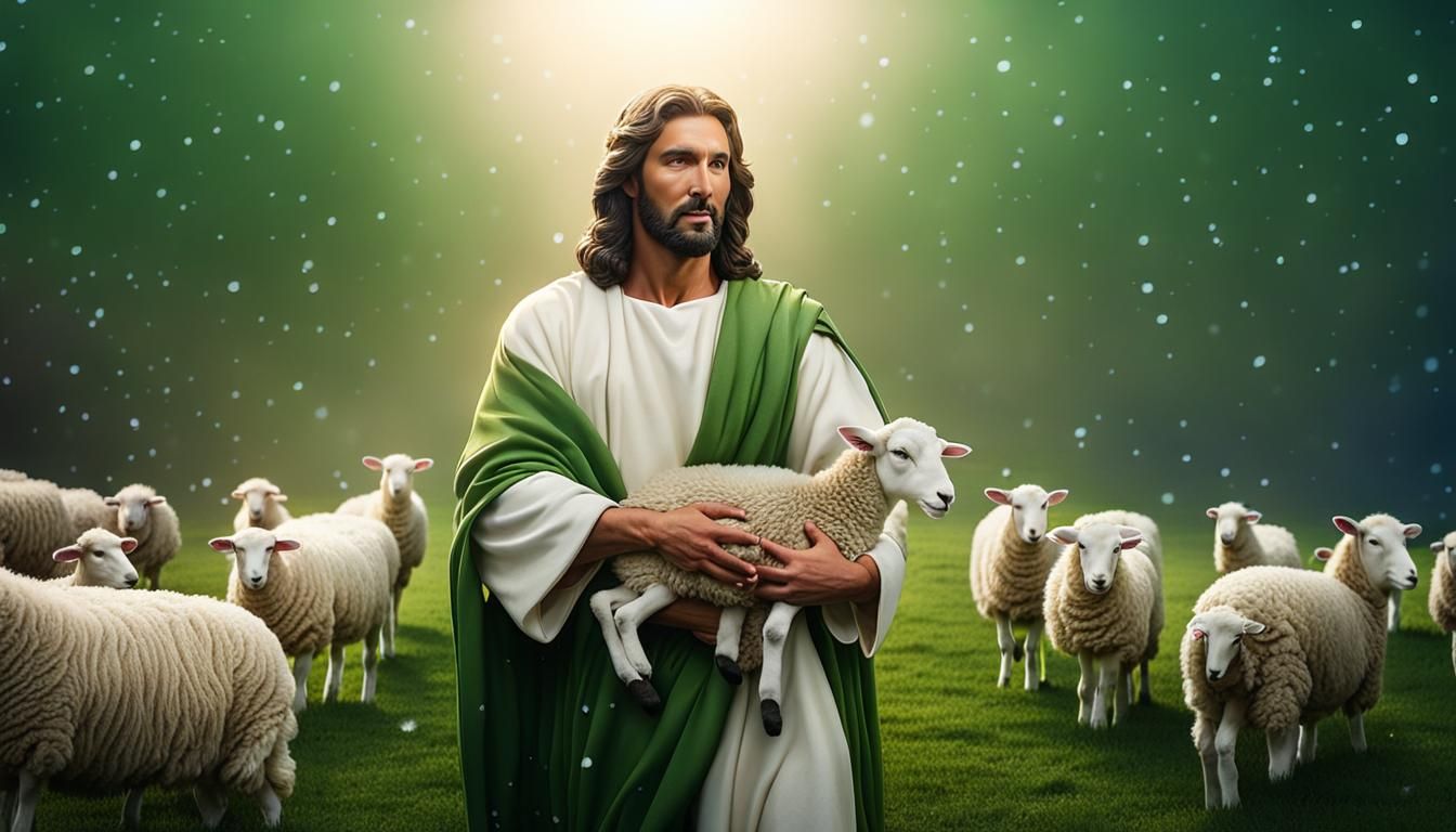 Christmas Scene: Jesus, Lamb, and Falling Snow