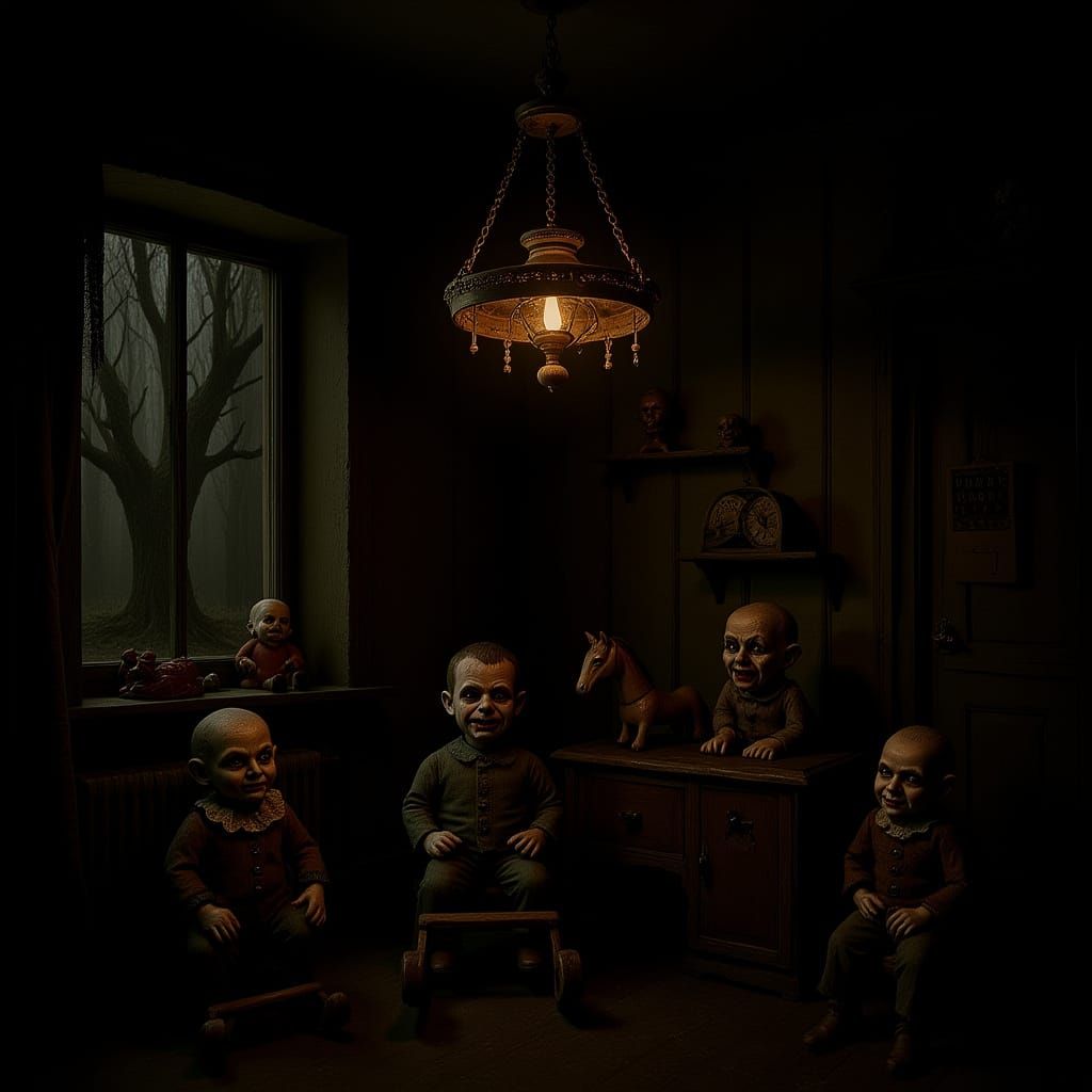 Realistic Dollhouse with Sinister Jester Clowns and Gothic H...