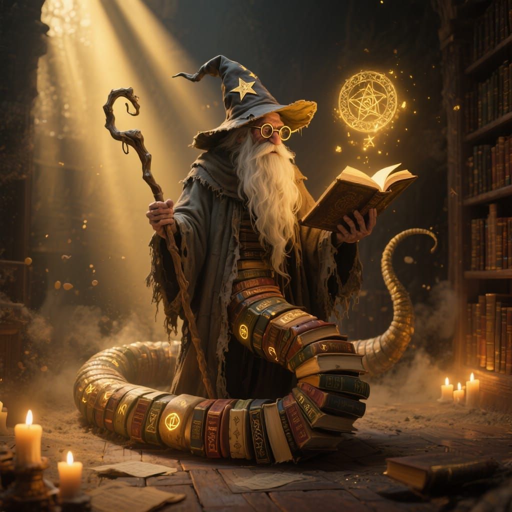 Bookworm Wizard in Library with Glowing Grimoire