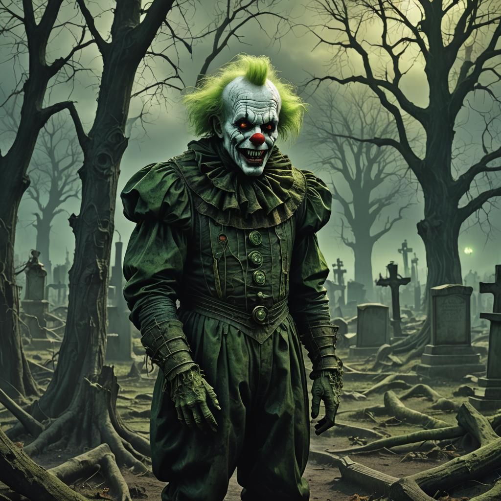 Terrifying Clown in Graveyard: Dark Fantasy Art
