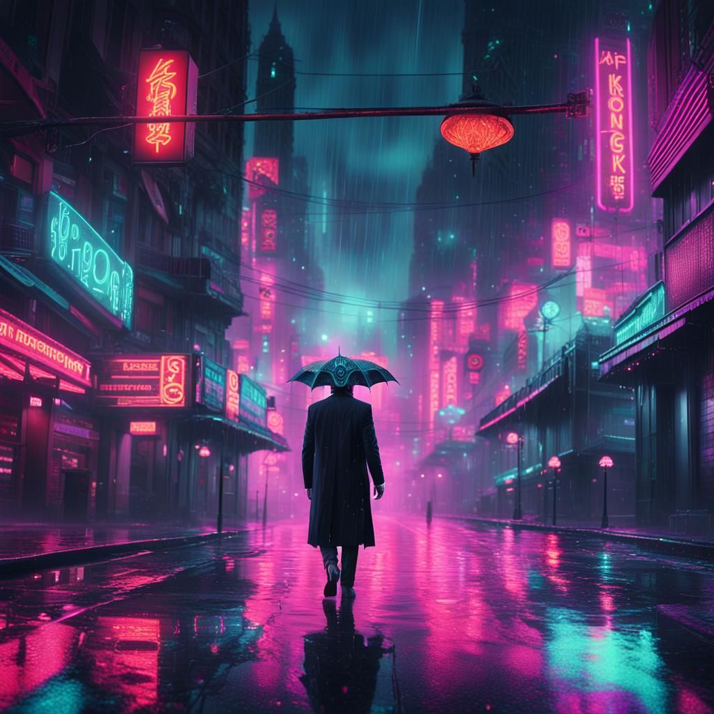 Cyberpunk Masquerade Figure in Rainy Dystopian City