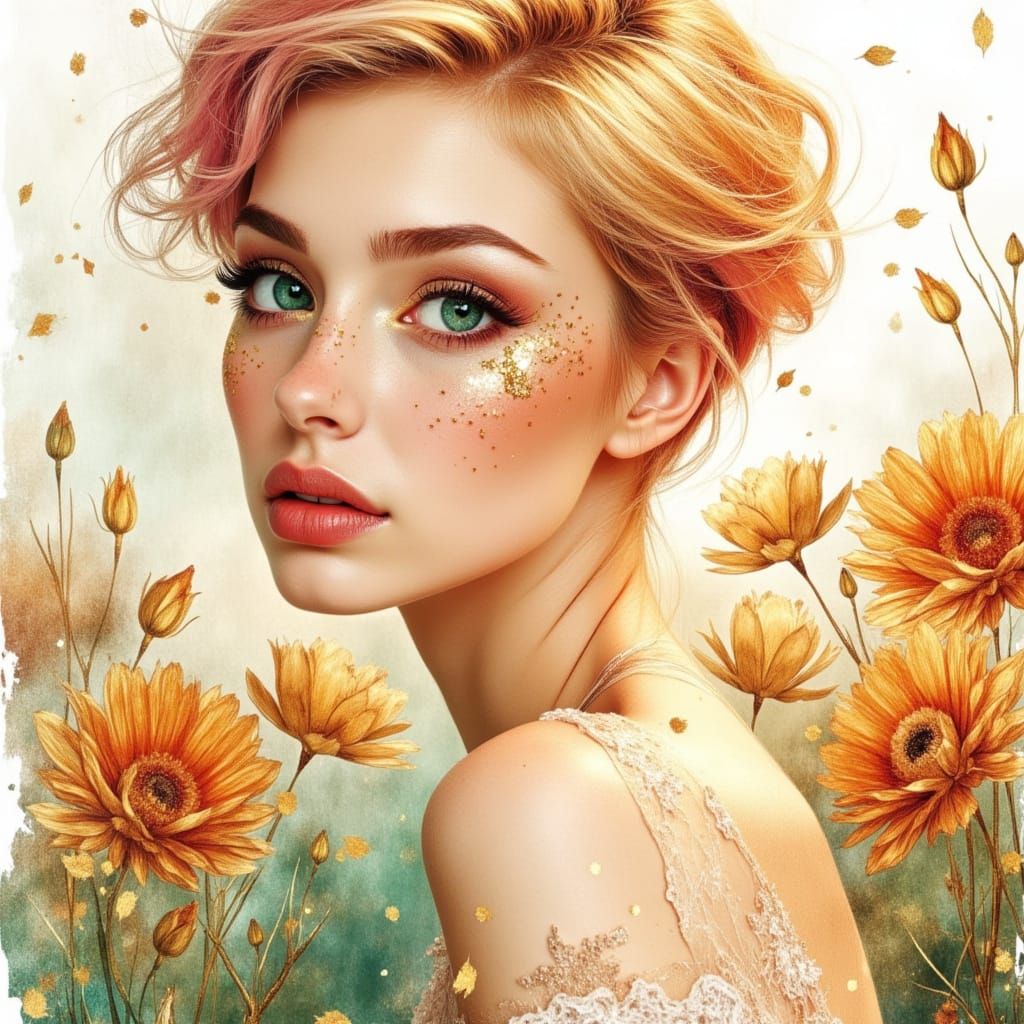 Pretty Woman Portrait with Green Eyes and Pink Highlights