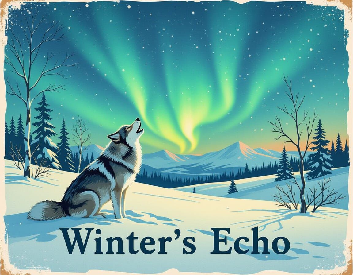 Lone Wolf Howling at Aurora Borealis in Vintage Style