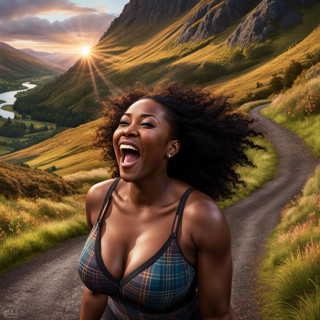 Hyperrealistic Woman in Scottish Sunrise Landscape