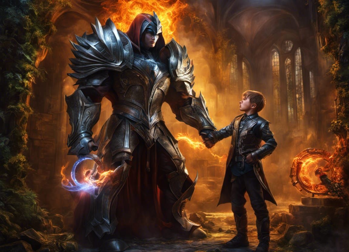 Boy with Energy Superpowers Lifts Villain in Fantasy Art
